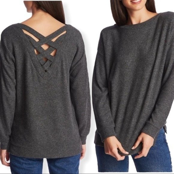 1.STATE Lattice V-Back Waffle Weave Sweater - NWT - Charcoal Grey - Picture 1 of 4